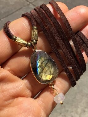 Natural Labradorite Moonstone leather suede cord Sundance Charm Necklace SALE